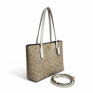 Coach Signature City Zip Tote w/ Chalk Leather & Crossbody Strap GUC